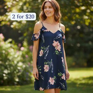 Pretty Tropical Fluttery Crepe Strap Cold Shoulder Navy Floral Mini Dress